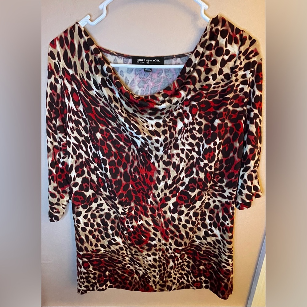 Jones New York Women's Cowl Neck Animal Leopard print Blouse - Red & Tan L NWT